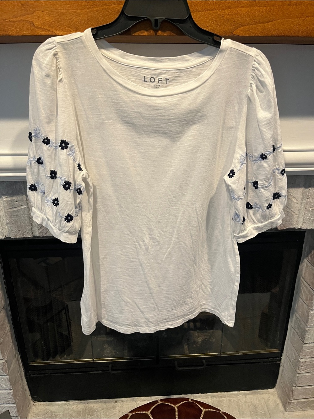 LOFT White Puff Sleeve Tee with Navy Floral Accents